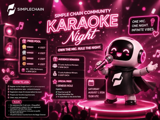 A pink-themed promotional graphic for 'Simple Chain Community Karaoke Night' featuring a robot mascot holding a microphone, advertising prize pools of 4 USDT for performers, audience rewards, and a special Genesis Role prize for an event on Saturday, August 1, 2026.