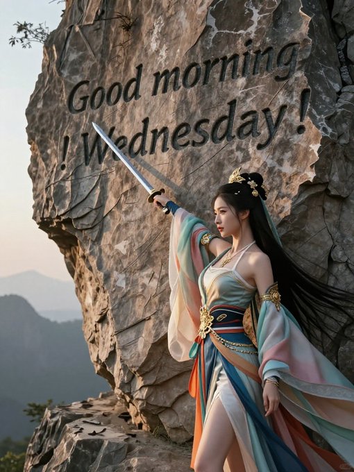 An illustrated woman in traditional flowing robes wields a sword while standing before a large rock inscribed with 'Good morning Wednesday!'.