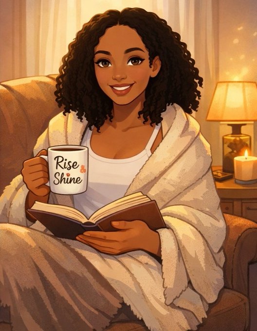 An illustration shows a smiling woman with curly hair sitting in a chair with a blanket, holding a 'Rise and Shine' mug and an open book.