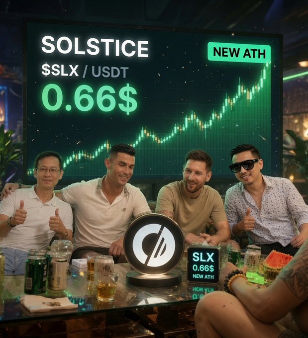 Four men celebrate at a table with drinks in front of a large screen displaying "SOLSTICE $SLX/USDT 0.66$ NEW ATH" alongside an upward candlestick chart, with a smaller monitor on the table showing the same ticker. The image visually captures the post's excitement about $SLX hitting a new all-time high and SolsticeFi's growing TVL, while the two men on the ends giving thumbs-up playfully nod to the Messi vs. Ronaldo World Cup references.