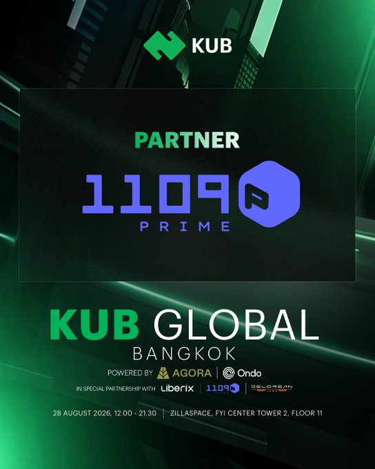 A promotional poster for "KUB GLOBAL BANGKOK" event on 28 AUGUST 2026 at ZILLASPACE, FYI CENTER TOWER 2, featuring partners including 11090 PRIME, AGORA, Ondo, Liberix, and SECREAN SCOPE.