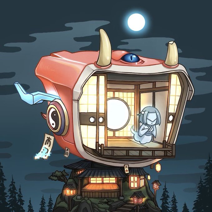Stylized illustration of a floating Japanese-inspired building with a yokai lantern creature perched on top, glowing under a full moon with small lit houses below.