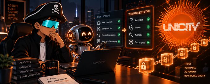 A stylized digital illustration promoting Unicity, featuring a person in a pirate hat and VR headset next to a robot, with text about AI agents, verifiable execution, and trust.