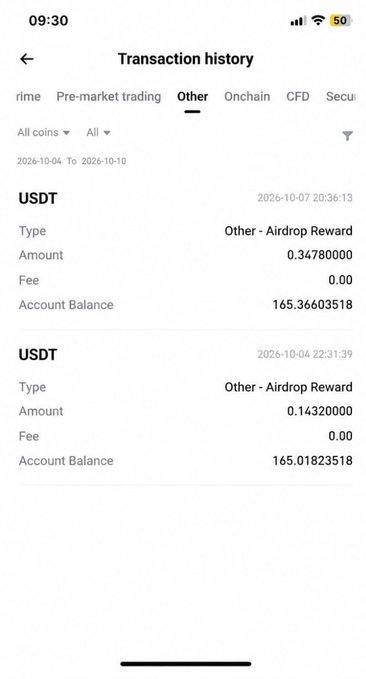 A mobile transaction history screen showing two USDT airdrop reward entries totaling approximately 0.49 USDT, with account balances of 165.36603518 and 165.01823518.