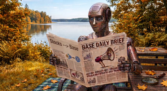 An AI-generated image of a copper-colored robot sitting on a bench in an autumn forest by a lake, reading a newspaper titled "BASE DAILY BRIEF" with headlines about "Stocks --> Base" and "MARKET INSIGHTS AND FORECASTS."