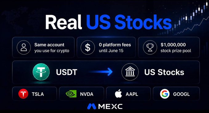 The image features a poster for real US Stocks with various logos and text. The main focus of the poster is that real US Stocks can be accessed from the same account people already use for crypto, making it easier to invest without opening a separate brokerage account or going through multiple steps. The poster includes logos for TSLA, NVDA, AAPL, and GOOGL, which are companies related to cryptocurrency trading platforms. The text on the poster highlights that real US Stocks can be accessed from the same account people already use for crypto, making it easier to invest without opening a separate brokerage account or going through multiple steps.
