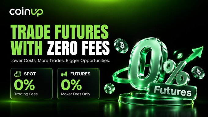 The image is a promotional banner for CoinUp, featuring bold green text that reads "TRADE FUTURES WITH ZERO FEES" alongside the tagline "Lower Costs. More Trades. Bigger Opportunities." and highlights key offers of 0% trading fees for Spot and 0% maker fees for Futures, with a large 3D "0% Futures" graphic and floating cryptocurrency coins. This directly supports the post's message about the value of zero-fee trading for active traders looking to reduce small but cumulative costs on platforms like CoinUp.
