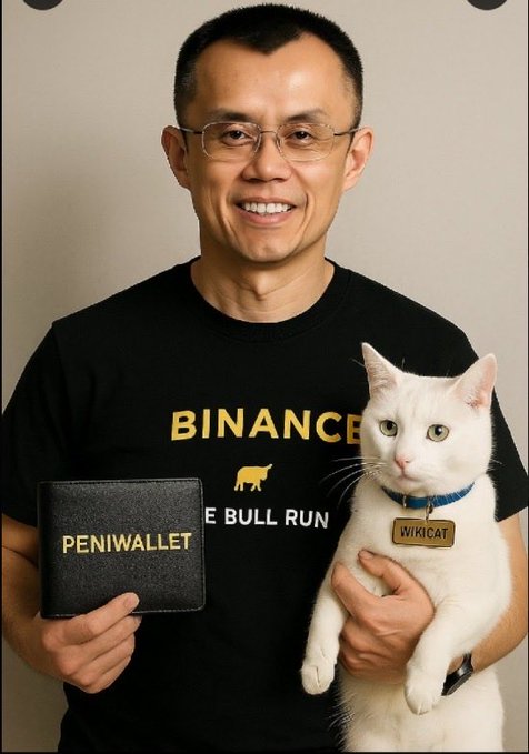 The image features a man holding a white cat, both of them wearing t-shirts with the word "PENIGRAT" printed on them. The man's shirt has a wallet design on it as well. They are standing against a gray background, and there is another person in the background who appears to be looking at the man and his cat.