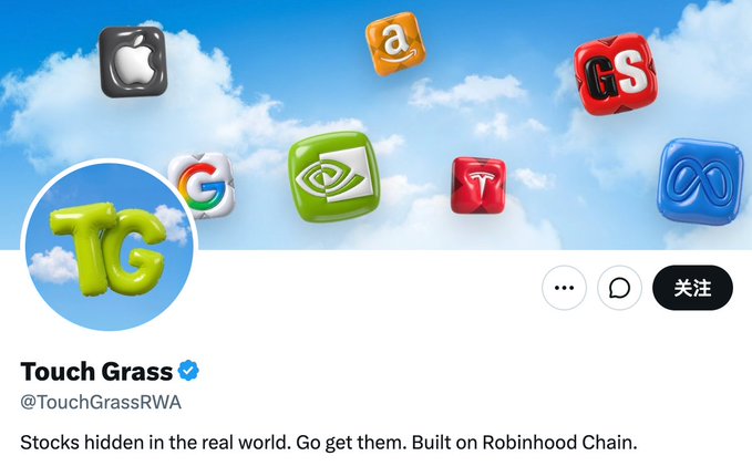 A Twitter profile for "Touch Grass" (@TouchGrassRWA) shows colorful 3D tech company logos (Apple, Amazon, Google, NVIDIA, Meta, Tesla, etc.) floating against a sky background, with the bio stating "Stocks hidden in the real world. Go get them. Built on Robinhood Chain." This visual ties to the post's warning about increasingly convincing scam groups appearing legitimate on Robinhood Chain, as the account mimics real, well-known brands to appear trustworthy.