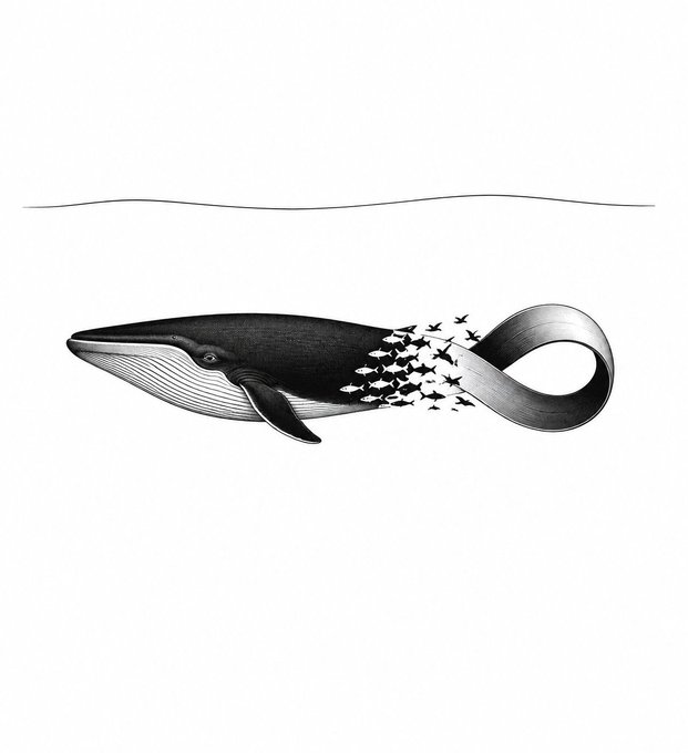 This artistic rendering depicts a whale whose tail transforms into an infinity loop formed by a school of fish and birds, symbolizing the boundless nature of the "Deepseek-v4.1-Flash" technology launching soon.