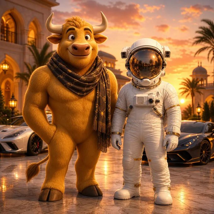 A large, furry golden bull character wearing a patterned scarf stands next to an astronaut in a white spacesuit with a gold visor, posed in front of luxury sports cars at a sunset-lit palace setting. The image plays on the "GM" (Good Morning) greeting with the bullish stance and astronaut motif suggesting a bold, optimistic "to the moon" sentiment.