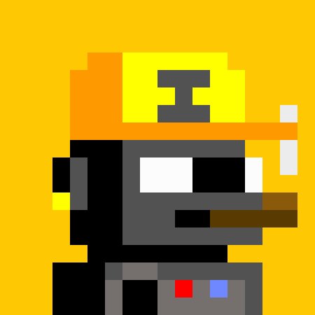 A pixel art image of a character wearing a yellow cap with a gray logo, featuring a black mask and goggles against an orange background.