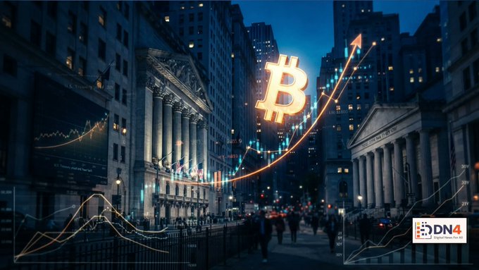 A digital artwork featuring a glowing Bitcoin symbol and ascending stock charts overlaid on an image of Wall Street at night, with a 'DN4' logo in the corner.