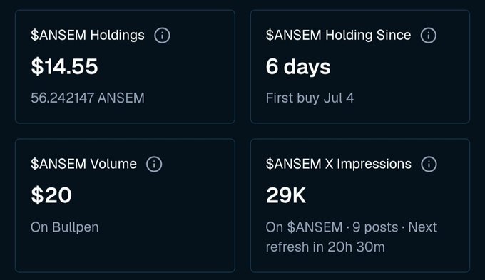 A dashboard displaying $ANSEM Holdings of $14.55, holding period of 6 days, $ANSEM Volume of $20, and $ANSEM X Impressions of 29K.