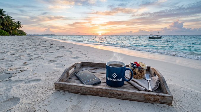 A wooden breakfast tray on a sandy beach at sunset holds a phone displaying a line graph, a blue 'BINANCE' mug of steaming coffee, and a bowl of granola with fruit.