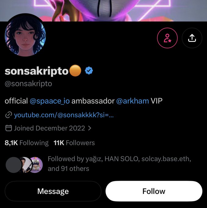 An X (Twitter) profile page for 'sonsakripto' with an orange verified checkmark, 11K followers, describing themselves as an official @spaace_io ambassador and @arkham VIP.