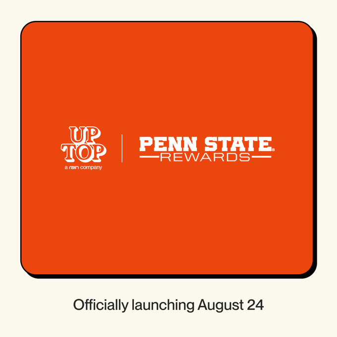 A solid orange promotional graphic announces the launch of "UP TOP (a rain company) | PENN STATE REWARDS," with the caption "Officially launching August 24" displayed below. The image visually reinforces the post's announcement of Penn State's new loyalty program built on Avalanche (AVAX), emphasizing the partnership between UpTop, Ansa, and Rain.
