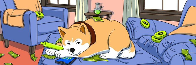 The image shows a Shiba Inu dog lying on a couch surrounded by scattered green banknotes, with another dog visible in the background also near money on a blue armchair. The artwork visually represents the "$HACHI" meme coin announcement, drawing on the legendary story of the loyal Hachikō dog waiting for his owner, while the dog sleeping on cash symbolizes the financial opportunity of the token's upcoming launch on Robinhood.