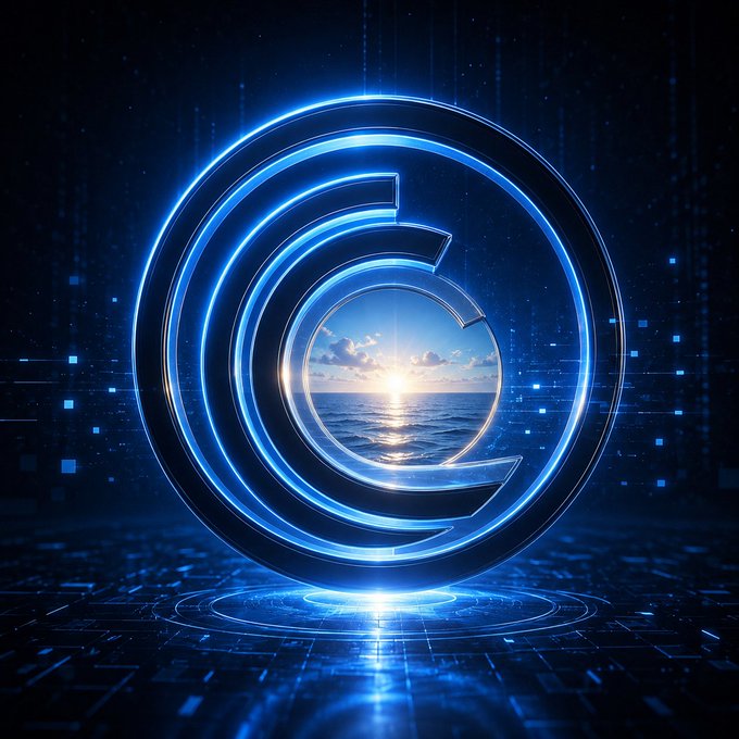A glowing blue circular portal with the letter "C" at its center reveals a serene sunset over the ocean, surrounded by futuristic digital circuitry—symbolizing BitTorrent Chain (BTTC)'s gateway to a more private, scalable, and zero-knowledge-powered Web3 future.