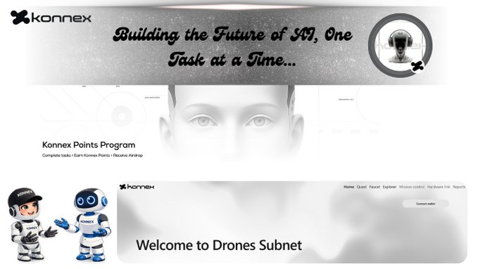 A website mockup for "konnex" featuring the tagline "Building the Future of AI, One Task at a Time..." with sections labeled "Konnex Points Program" and "Welcome to Drones Subnet," accompanied by two cartoon robot mascots.