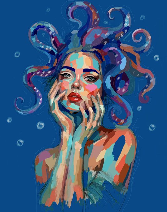 A vibrant digital painting depicts a woman with octopus tentacles for hair, rendered in a colorful, abstract pop-art style with a deep blue background, paired with a cheerful "GM awesome people" greeting that captures the fun, mythical vibe of the artwork.