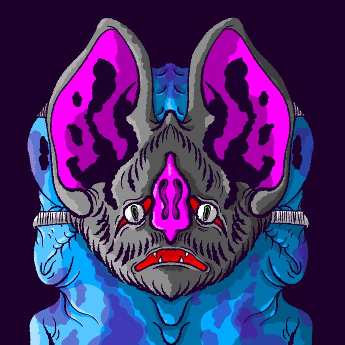 A colorful cartoon illustration features a fantastical creature with a blue body, large purple and black bat-like ears, a pink nose, red lips with fangs, and menacing green eyes against a dark background.