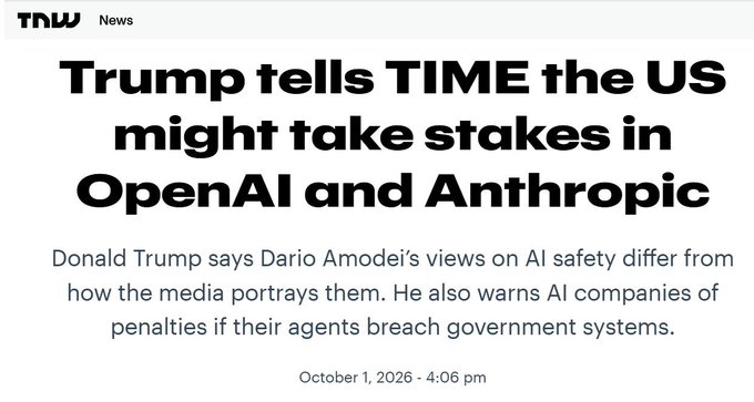 A TNW News headline dated October 1, 2026 reads: 'Trump tells TIME the US might take stakes in OpenAI and Anthropic,' with a subhead noting Trump's comments on Dario Amodei's AI safety views and penalties for AI companies whose agents breach government systems.