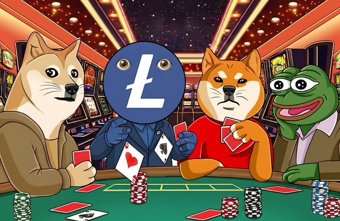 A cartoon illustration showing a Shiba Inu dog (Doge), a Litecoin (Ł) character, another Shiba Inu, and Pepe the Frog playing poker at a green casino table with cards and chips.