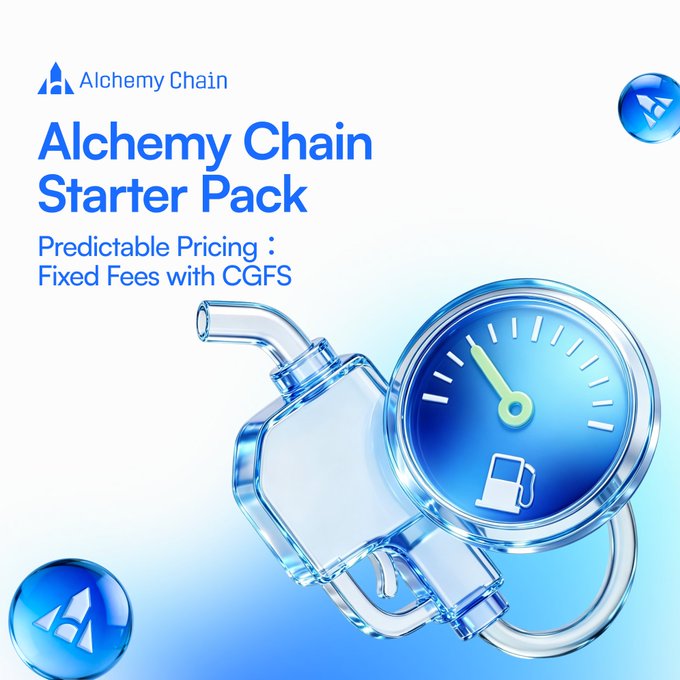 A promotional graphic for 'Alchemy Chain Starter Pack' advertising 'Predictable Pricing: Fixed Fees with CGFS', featuring a 3D rendering of a fuel pump combined with a fuel gauge and gas can icon on a light blue background.