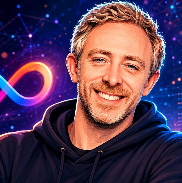 A digital illustration of a smiling man with short blonde hair and a stubble beard wearing a dark hoodie, set against a cosmic purple and blue background with a glowing orange infinity symbol.