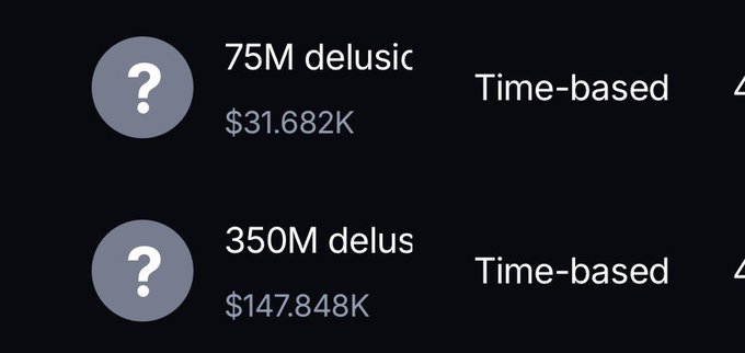 A dark-themed digital interface showing two entries: '75M delusic' at $31.682K and '350M delusic' at $147.848K, both labeled as 'Time-based'.