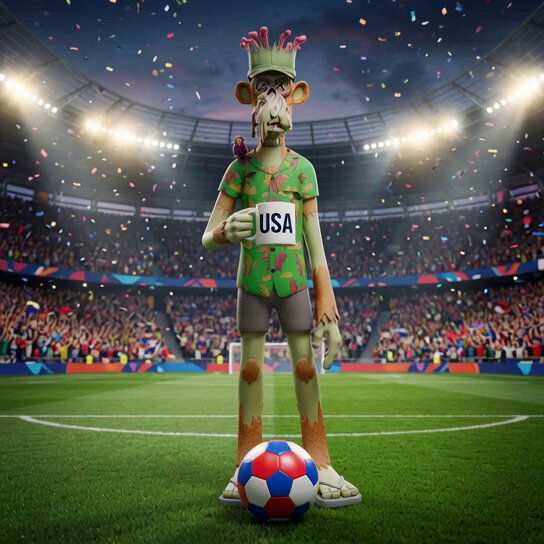 The image features a cartoon monkey standing on a soccer field, holding a soccer ball and wearing a crown with "USA" written on it. The background of the image shows an empty stadium filled with people sitting in the stands. The caption for the image reads: "Good morning everyone! Happy Sunday funday legends Are you touching grass today? GM GM @BoredApeYC".