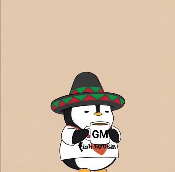 A cartoon penguin wearing a Mexican-style hat with red and green trim, holding a white mug labeled "GM" and wearing a shirt that reads "FISH LOVER".