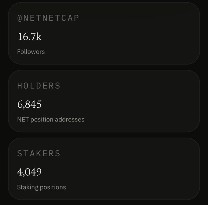 A dark-themed statistics panel for '@NETNETCAP' showing 16.7k followers, 6,845 holders (NET position addresses), and 4,049 stakers (staking positions).