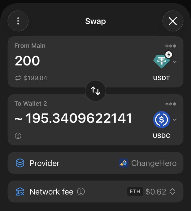 A Tangem wallet swap interface shows exchanging 200 USDT (~$199.84) from "Main" to approximately 195.34 USDC in "Wallet 2" via ChangeHero, with a $0.62 ETH network fee—illustrating the post's point about swapping directly into USDC on Arc through the Tangem app while maintaining self-custody.