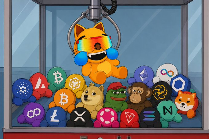 The image features a cartoon cat wearing sunglasses, holding a claw machine stuffed animal that has a blue and red hat on its head. The cat appears to be smiling as it holds onto the stuffed animal. In front of the cat, there are various other stuffed animals in different colors such as yellow, green, pink, purple, orange, and black. These stuffed animals are placed inside a claw machine with a glass window that allows viewers to see the toys inside. The image also includes text that reads "Day 500 documenting the rise of $mog coin to $100 billion Current marketcap; $0.05 billion".