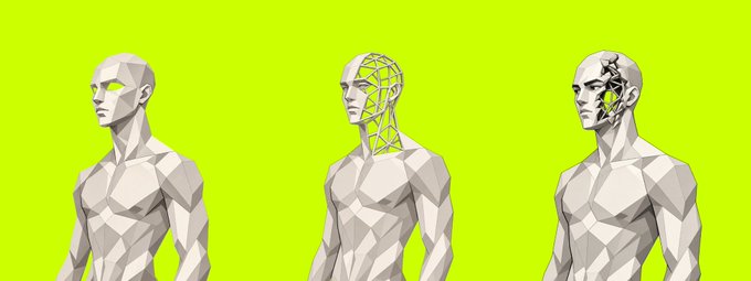 Three polygonal 3D human figures with various geometric overlays and cracks on their heads set against a bright yellow-green background.