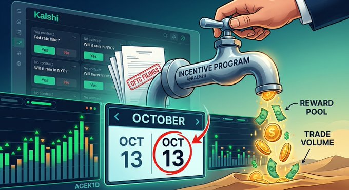 A promotional graphic for Kalshi showing an 'INCENTIVE PROGRAM @KALSHI' with a faucet dispensing coins labeled 'REWARD POOL' and 'TRADE VOLUME', alongside a calendar marked 'OCT 13' and yes/no contract examples.