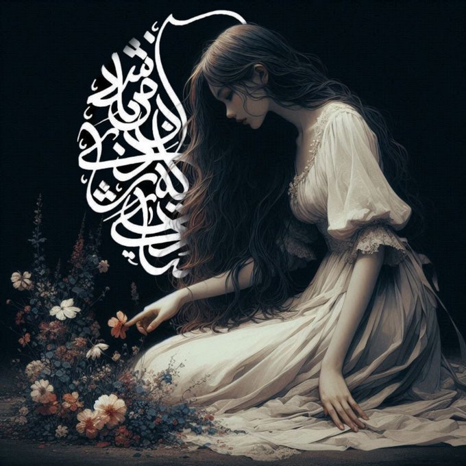 A melancholic woman in a flowing white gown kneels among flowers, reaching toward a delicate bloom, with elegant Arabic calligraphy floating beside her against a dark background—evoking themes of longing and finality befitting this being the last edition of the piece available for sale on objkt.com.