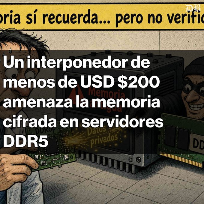 A Spanish-language tech illustration with the headline 'Un interponedor de menos de USD $200 amenaza la memoria cifrada en servidores DDR5' over cartoon figures handling RAM modules.