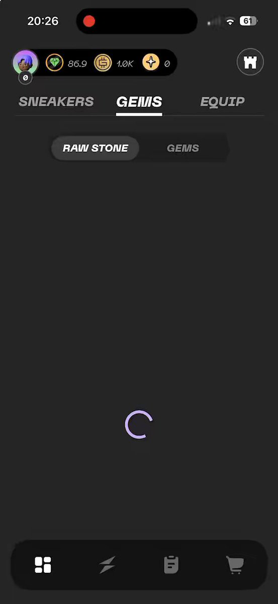 The image shows an iPhone screen with a purple circle that says "stepn go" at the bottom, indicating that there's a challenge or game going on. The background of the image is black, which contrasts with the purple circle. There are several icons in the bottom right corner of the screen, including a "Sneakers" icon and a "Gems" icon. These icons suggest that the user might be playing a mobile game related to sneakers or gemstones.