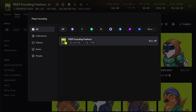 The image shows an OpenSea NFT collection page for "PEEP Founding Feathers" priced at $12.00, displaying 1.19K items in the collection, which relates to the tweet announcing that the PEEP NFT project is now live on OpenSea.