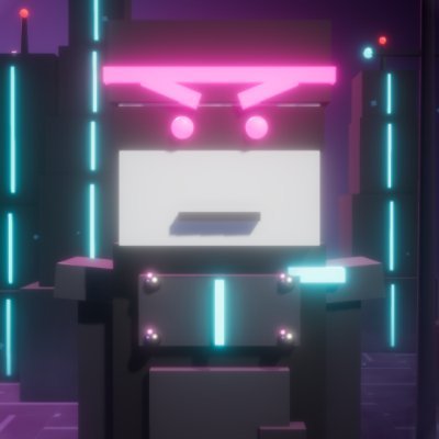 A 3D-rendered robotic character with a glowing white screen face displaying a simple expression, set against a cyberpunk-style city background with neon lights.
