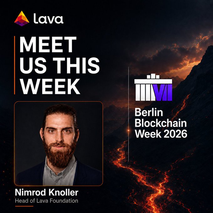 The image features a man with a beard wearing a suit, standing against a dark background that includes a lava flow and mountains. The text "Meet us US this week" is written above him, while the words "Berlin Blockchain Week 2026" are below him. The caption reads "@84Neukr @BerBlockWeek".