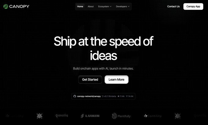 The Canopy website homepage with the tagline 'Ship at the speed of ideas,' promoting onchain AI app building, with navigation including Home, About, Ecosystem, Developers, Contact Us, and a Canopy App button, along with partner logos like LUMIN and Plenifully.
