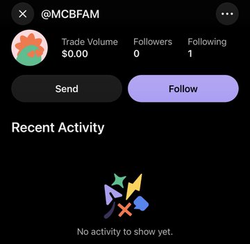 A profile page for "@MCBFAM" showing Trade Volume $0.00, 0 followers, 1 following, with a "Follow" button and "No activity to show yet."