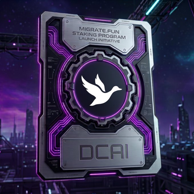 A futuristic NFT-style card for 'MIGRATE.FUN STAKING PROGRAM LAUNCH INITIATIVE' featuring a white dove logo and 'DCAI' branding, set against a cyberpunk cityscape.