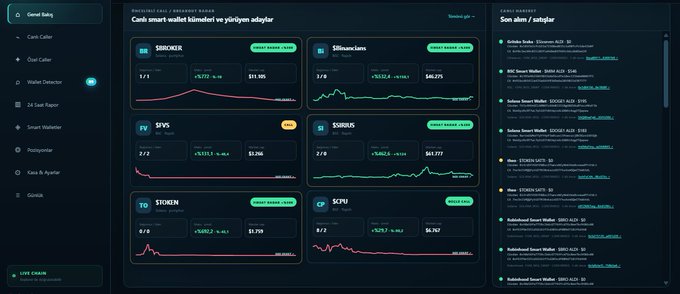 A crypto dashboard interface in Turkish displaying various smart wallet tokens (like SIRCNR, SVVS, SHIB, TOSHIEN) with price charts and a sidebar menu.