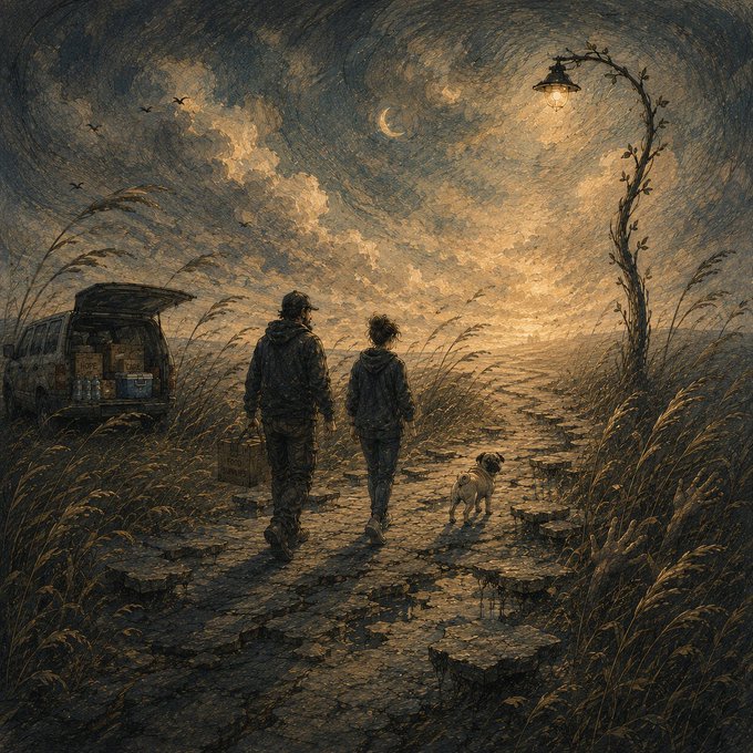 A couple walks along a moonlit, muddy path with their pug dog, heading away from their van loaded with belongings, evoking themes of journey and companionship in the artwork shared by the artist @Risayorii.