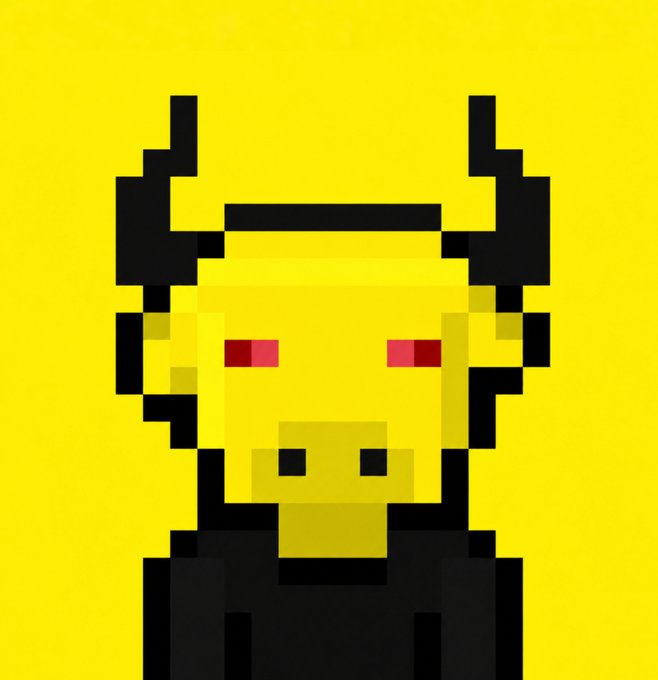 Pixel art of a yellow bull with red eyes and black horns wearing a black shirt on a yellow background.